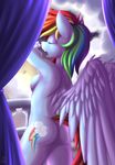  2015 anthro anthrofied back breasts butt cutie_mark equine eyes_closed falleninthedark female friendship_is_magic hair mammal multicolored_hair my_little_pony nude open_mouth pegasus rainbow_dash_(mlp) rainbow_hair side_boob solo wings yawn 