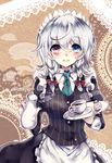  alternate_costume apron bad_id bad_pixiv_id braid cup ginzuki_ringo heterochromia highres izayoi_sakuya juliet_sleeves long_sleeves maid_headdress necktie open_mouth puffy_sleeves shirt silver_hair skirt skirt_set smile solo teacup teapot touhou twin_braids vest waist_apron 