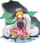  animal blonde_hair dress flower frog giant_snake hair_ribbon hasebe_yuusaku hat leaf long_sleeves looking_at_viewer lotus mishaguji moriya_suwako oversized_animal purple_dress ribbon shirt snake tongue tongue_out touhou white_background wide_sleeves yellow_eyes 