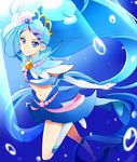  blue_background blue_eyes blue_hair cure_mermaid earrings go!_princess_precure jewelry kaidou_minami kisuke_(akutamu) long_hair looking_at_viewer magical_girl midriff navel ponytail precure seashell_earrings smile solo very_long_hair 