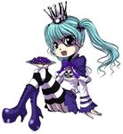  :d black_legwear boots crown food fruit garter_straps grapes green_hair high_heels looking_at_viewer one_piece open_mouth perona perona_(cosplay) plate pupupu sitting skirt smile solo striped striped_legwear sugar_(one_piece) thighhighs twintails white_legwear 