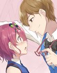  akai_meganii bad_id bad_pixiv_id brown_eyes brown_hair cccpo eyewear_removed glasses leona_west looking_at_another male_focus multiple_boys open_mouth otoko_no_ko pink_eyes pink_hair pretty_(series) pripara short_hair smile wall_slam yaoi 