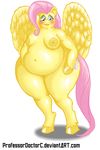  absurd_res anthro big_breasts blush breasts cutie_mark equine feathers female fluttershy_(mlp) friendship_is_magic fur hair hi_res hooves long_hair looking_at_viewer mammal my_little_pony navel nipples obese open_mouth overweight pegasus pink_hair plain_background professordoctorc solo standing wings 