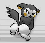  2015 anus black_fur butt emolga female feral fur grin looking_at_viewer looking_back ludicrousdisplay mammal nintendo nude plain_background pok&eacute;mon presenting presenting_hindquarters pussy raised_tail rear_view rodent simple_background smile solo squirrel teeth video_games white_fur 