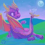  2013 arthropod claws dragon dragonfly duo eye_contact feral grass horn insect kie looking_back lying male moon paws plains purple_eyes purple_scales scalie sky sparx spyro spyro_the_dragon star video_games wings 
