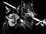  2015 anthro black_and_white blackteagan canine female fox male mammal monochrome sword weapon wolf 