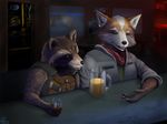  2015 alcohol anthro bar beer beverage blue_eyes brown_eyes canine duo emptyset fox fox_mccloud guardians_of_the_galaxy male mammal nintendo raccoon rocket_raccoon star_fox video_games 