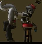  anthro bar_stool blue_eyes butt canine clothing condom female hair long_hair mammal mohawk nethil_(artist) pants pants_down presenting presenting_hindquarters solo sweater wolf 