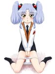  blue_hair bow bow_panties fuji_shinobu hair_ornament highres hoshino_ruri kidou_senkan_nadesico miniskirt necktie panties panty_pull sitting skirt socks solo twintails underwear uniform v_arms vest white_panties yellow_eyes 