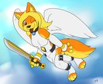  2015 anthro canine collar cyrell dog female flying formal fuzzywuff looking_at_viewer mammal simple_background solo sword tongue tongue_out weapon wings 