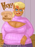  absurd_res angry anthro blonde_hair blue_eyes breasts brown_fur cleavage clothed clothing equine female friendship_is_magic fur hair hi_res horse inside keyhole_turtleneck long_hair looking_at_viewer mammal ms_harshwhinny_(mlp) my_little_pony open_mouth overweight pony professordoctorc solo standing sweater text 