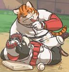  anthro ball band-aid baseball_(ball) bear blush bulge duo feline gay jeck kemono male mammal sweat tiger umpire uniform 