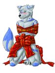  anthro bdsm blush bondage bound bow canine christmas gift grey_sclera holidays howlfei howlfeiwolf kneeling looking_at_viewer male mammal nude ribbons solo wolf 