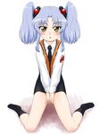  blue_hair blush fuji_shinobu hair_ornament highres hoshino_ruri kidou_senkan_nadesico looking_at_viewer miniskirt necktie no_panties sitting skirt socks solo twintails uniform v_arms vest yellow_eyes 