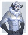  2015 abs amber_eyes anthro biceps big_muscles bulge clothed clothing fangs feline feralise fur grey_fur grey_nose hair half-dressed horn hybrid lion looking_at_viewer male mammal markings muscles nipples pants pecs pose red_eyes solo standing stripes teeth toned topless underwear white_fur white_hair 