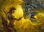  backlit claws duo eyes_closed feline female feral holding_weapon human macro magic_the_gathering mammal matt_stewart official_art quiver scar side_view size_difference stripes tattoo tusks warrior weapon whiskers 