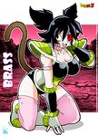  2009 armor black_hair blush cleavage clothed clothing dragon_ball dragon_ball_z fan_character female fingerless_gloves gloves hair looking_at_viewer pigtails saiyan scouter skyraptor solo 