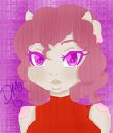  anthro bovine cattle cute discordmelody female fur hair mammal pink_hair pink_spots red_shirt serena smile solo strawberry tan_fur 