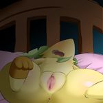  anus bed blush clitoris eeveelution female gaping gaping_pussy leafeon lying minami_juuji nintendo on_back open_mouth pok&eacute;mon pussy solo urethra video_games 