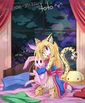  bow chibi-nuffie curtains feline female housecoat lagomorph leopard mammal pajamas plushie rabbit sash smile tree window 