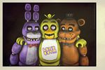  2015 anthro avian bear bib bird black_background bonnie_(fnaf) chica_(fnaf) chicken female five_nights_at_freddy&#039;s freddy_(fnaf) group happy hat lagomorph looking_at_viewer male mammal photo plain_background princessbloodymary_(artist) rabbit stone 