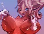  anthro big_breasts blonde_hair blue_eyes breasts bust_portrait canine disembodied_hand female fox hair huge_breasts lactating long_hair mammal milk nipple_play nipples open_mouth riendonut smile solo tongue tongue_out 
