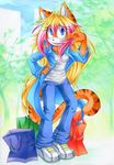  abstract_background chibi-nuffie clothing dyed_hair feline female hair highlights jacket jeans mammal pose shirt shopping solo tree wind 