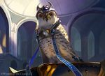  ambiguous_gender architecture armor atmospheric_perspective avian backlit bird feral inside jack_wang looking_at_viewer low-angle_shot magic_the_gathering official_art owl solo standing 