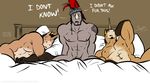  2014 abs anthro beard bed bgn english_text equine eyes_closed facial_hair fidelis_(character) group helmet horn isaiah male mammal muscles nipples nude pecs pillow rhinoceros sleeping tattoo text unicorn valens_(character) 