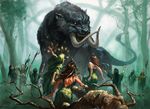  dryad elf female feral forest front_view group humanoid karl_kopinski long_tail macro magic_the_gathering male monster nature official_art outside polearm quadruped rear_view sharp_teeth staff teeth tree trostani tusks weapon 