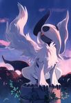  bluekomadori cloud full_body highres looking_up mega_absol no_humans outdoors pokemon pokemon_(creature) red_eyes signature sky squatting white_wings wings 