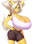 absurd_res anthro beige_hair big_breasts blush breasts chest_tuft cleavage clothed clothing eeveelution female fur green_eyes hi_res huge_breasts hyper hyper_breasts jolteon looking_at_viewer nemesisprime909 nintendo pok&eacute;mon ruby_(character) smile solo tattoo tuft video_games yellow_fur 