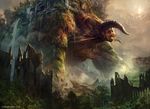  adam_paquette feral horn landscape low-angle_shot macro magic_the_gathering male monster nature official_art open_mouth outside quadruped ruins sharp_teeth snarling solo teeth tree water waterfall 