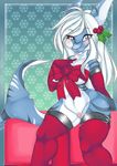  2014 5_fingers anthro blue_eyes blush bottomless bow breasts christmas cleavage clothed clothing elbow_gloves female fish gloves hair holidays legwear looking_at_viewer marine navel seamen skimpy solo stockings vera_(viswey) white_hair wide_hips 