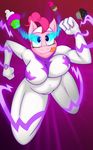  2015 anthro anthrofied big_breasts blue_eyes breasts chubby cupcake digital_media_(artwork) earth_pony electricity equine female fili-second_(mlp) food friendship_is_magic hair horse jrvanesbroek looking_at_viewer mammal my_little_pony pink_hair pinkie_pie_(mlp) pony power_ponies_(mlp) running smile solo tongue tongue_out 