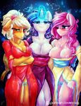  2015 anthro applejack_(mlp) big_breasts blue_eyes blush breasts cleavage clothed clothing dimwitdog dress equine female flashing friendship_is_magic green_eyes group horn horse lesbian magic mammal my_little_pony nipples one_eye_closed pegasus pinkie_pie_(mlp) pony pussy pussy_juice rarity_(mlp) smile unicorn wings 