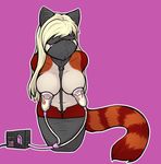  anthro blindfold breast_milking breasts collar ear_muffs female gag ivory-raven kneeling lactating leash legwear mammal milking_machine red_panda shea solo 