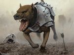  ambiguous_gender armor arrow atmospheric_perspective battlefield canine charging close-up drooling feral front_view helmet kev_walker magic_the_gathering mammal official_art open_mouth quadruped restricted_palette running saliva scar sharp_teeth signature snarling solo spikes teeth tongue tongue_out 