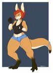  anthro claws cleavage clothed clothing female gloves green_eyes hair hot_pants iko jewelry kangaroo mammal marsupial muscles paws plain_background shirt shorts solo tail_ring tank_top 
