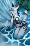  2014 african_wild_dog anthro beads blue_nipples breasts canine clothed clothing demicoeur enya eyes_closed feather female fur grey_fur hair half-dressed loincloth mammal nipples outside solo topless water waterfall wet white_hair 