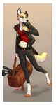  bag blood canine demicoeur dog female floppy_ear green_eyes gun leather_jacket looking_away mammal midriff navel ranged_weapon solo weapon 