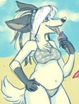  anthro beach bikini canine chubby clothed clothing cloud coyote dripdry eating female food hand_on_hip headband herro ice_cream ice_cream_cone licking looking_away low_res mammal outside seaside simple_background skimpy sky solo standing swimsuit tongue tongue_out 