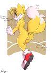  2014 2_tails anthro anus backsack balls big_butt big_eyes butt canine fox girly looking_back male mammal miles_prower multiple_tails nude sega shoes solo sonic_(series) thick_thighs yanling 