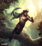  anthro cape charging facial_hair forest holding_weapon hooves horn hybrid johann_bodin knife magic_the_gathering male muscles nature official_art outside satyr snarling solo tree weapon 
