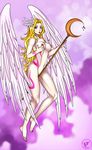  2014 angel blonde_hair breasts clare cloud cloudscape crystal eliana-asato feathered_wings female flying hair humanoid large_wings long_hair mammal nipples nude outside pink_eyes pink_nails pink_tattoo polearm sky solo staff tattoo white_wings wings 