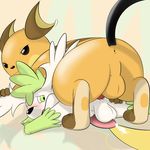  anal anal_penetration anus backsack balls big_dom_small_sub blush butt cum cum_on_tail cum_while_penetrated duo electricity gay green_eyes looking_back male nintendo one_eye_closed penetration penis perineum pink_penis pok&eacute;mon raichu red_penis sex shaymin simple_background size_difference video_games yumei 