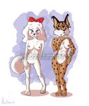  anthro areola blue_eyes blush breasts canine clothed clothing duo ear_piercing fay fay_spaniel feline female lynx mammal missebony miyu_lynx nintendo nipples nude piercing plain_background pussy smile star_fox video_games white_background 