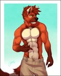  2014 abs anthro bandage biceps black_nose brown_fur brown_hair claws clothed clothing feralise fur gradient_background green_eyes hair half-dressed hyena male mammal muscles pants pecs pose red_hair simple_background solo standing toned topless white_fur 