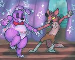  animatronic anthro ballerina bonnie_(fnaf) bow_tie canine chubby clothed clothing curtains dancing duo eye_patch eyewear five_nights_at_freddy&#039;s fox foxy_(fnaf) hook hook_hand lagomorph machine male mammal mechanical mt rabbit robot smile tutu yellow_eyes 