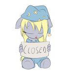  2014 alasou anthro anthrofied blonde_hair chibi clothing derpy_hooves_(mlp) english_text equine eyelashes eyes_closed female friendship_is_magic fur grey_fur hair mammal my_little_pony night_cap pajamas plain_background sign sitting sleeping solo text white_background 